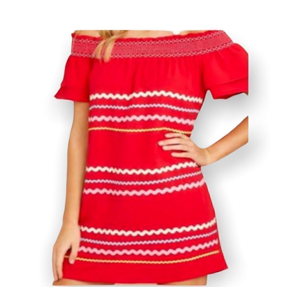Entro Off Shoulder Rickrack Style Striped Boho Chic Mini Dress Size Small‎ - Picture 2 of 8
